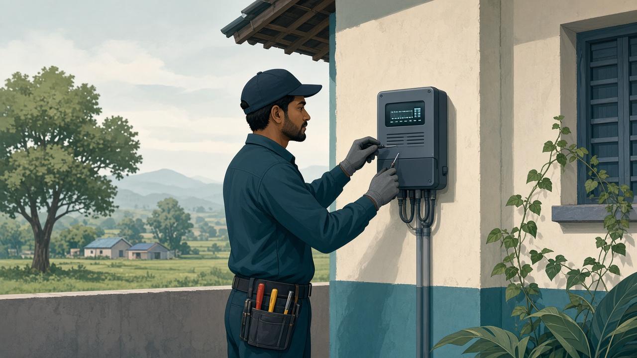 Technician installing a smart electricity meter on a utility pole